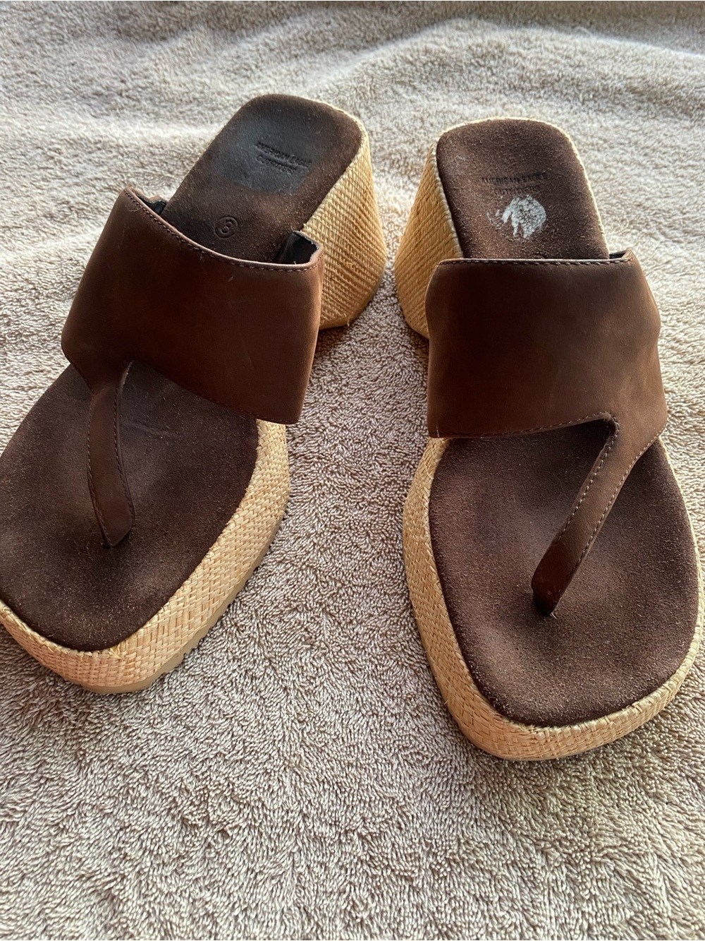 Vintage American Eagle Brown Suede Platform Wedge Thong Sandals Y2K 90s 8